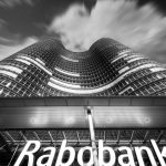 a black and white photo of a rabobank building