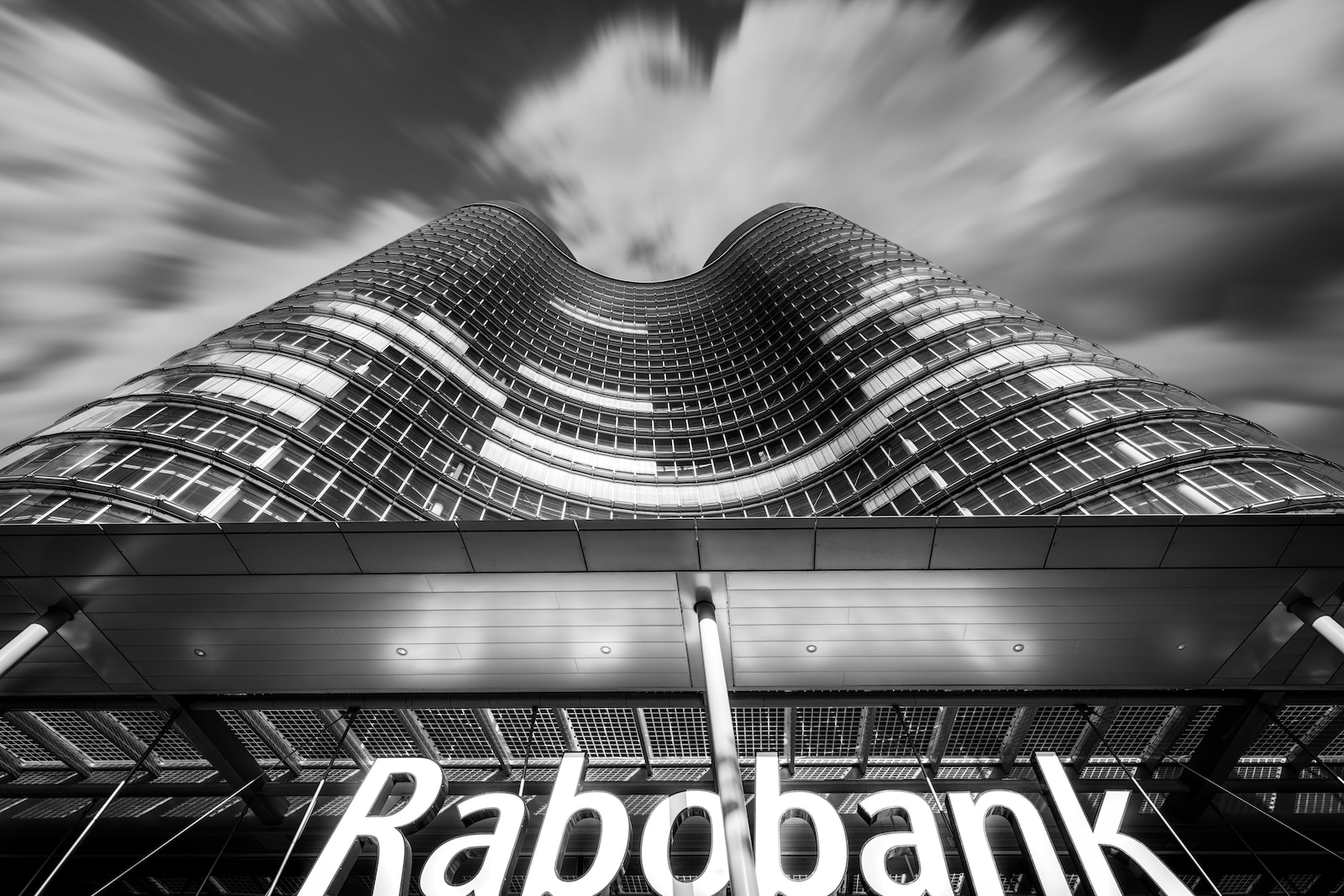 a black and white photo of a rabobank building