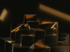 a black and gold abstract painting of cubes